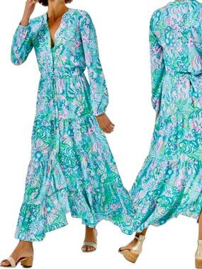 Lilly Pulitzer Cori Stretch Midi Shirt Dress Women's 10 Aqua La Vista Maxi NWOT